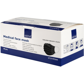 Ansigtsmaske med reelastikker, type IIR, Abena Excellent, 3-lags, sort, ultrasonic, usteril, engang