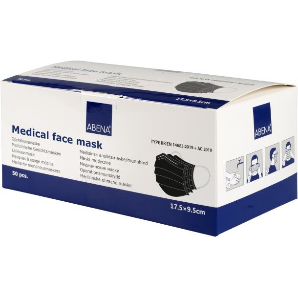 Ansigtsmaske med reelastikker, type IIR, Abena Excellent, 3-lags, sort, ultrasonic, usteril, engang